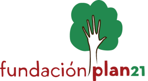 Logo de la Fundación Plan 21 - Árbol con mano, en colores rojo y verde.